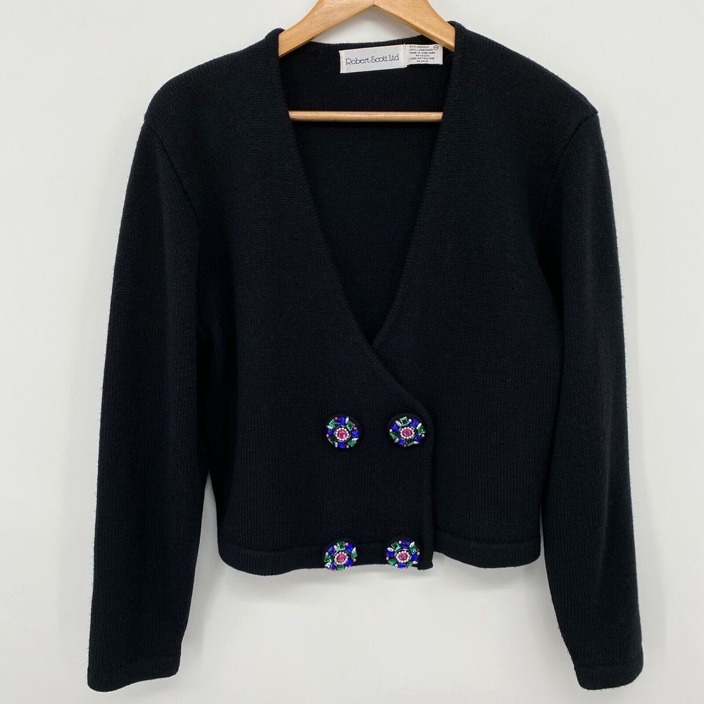 Vintage 70s Cardigan Sweater Shrug Size‎ Medium 49% Lambswool Black Robert Scott